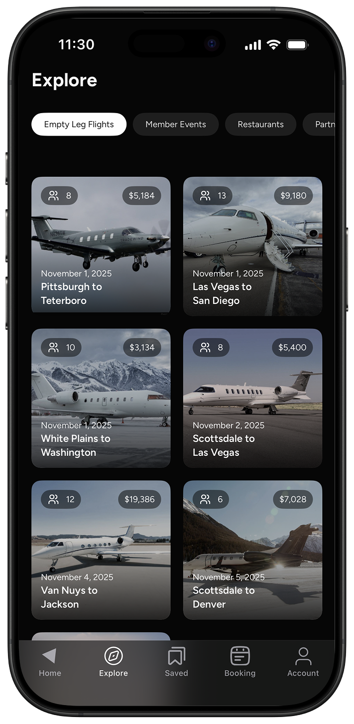Amalfi Jets App explore page showing cheapest private jet empty leg flights and the flight cost, date, and location.