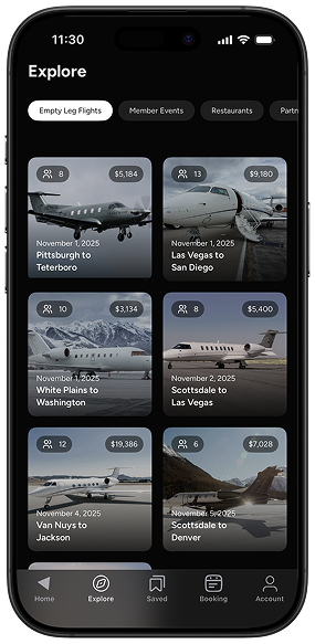 Amalfi Jets App explore page showing cheapest private jet empty leg flights and the flight cost, date, and location.