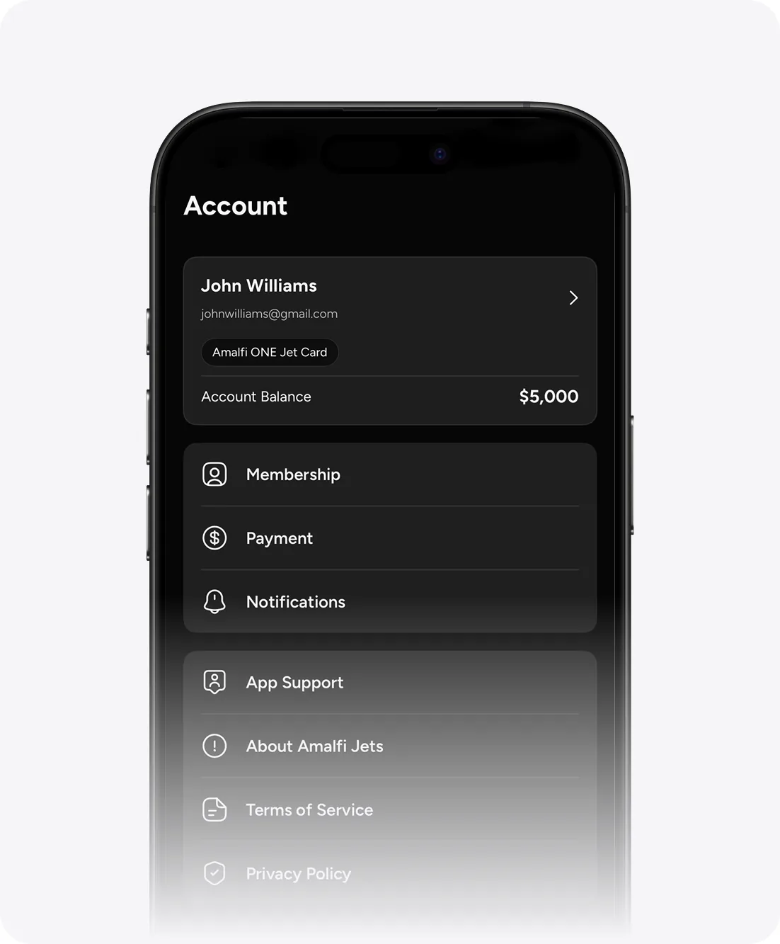 The Amalfi Jets app account screen on an iPhone, listing the Amalfi One Jet Card balance, membership, payment and notification settings.