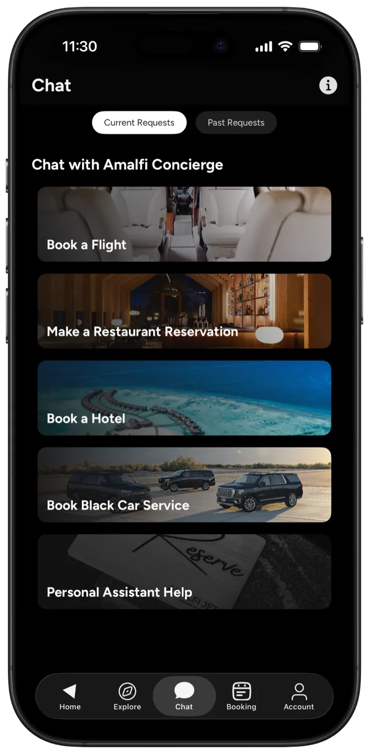 The Amalfi Jets app concierge chat offering to book a flight, make a restaurant reservation or book a hotel.