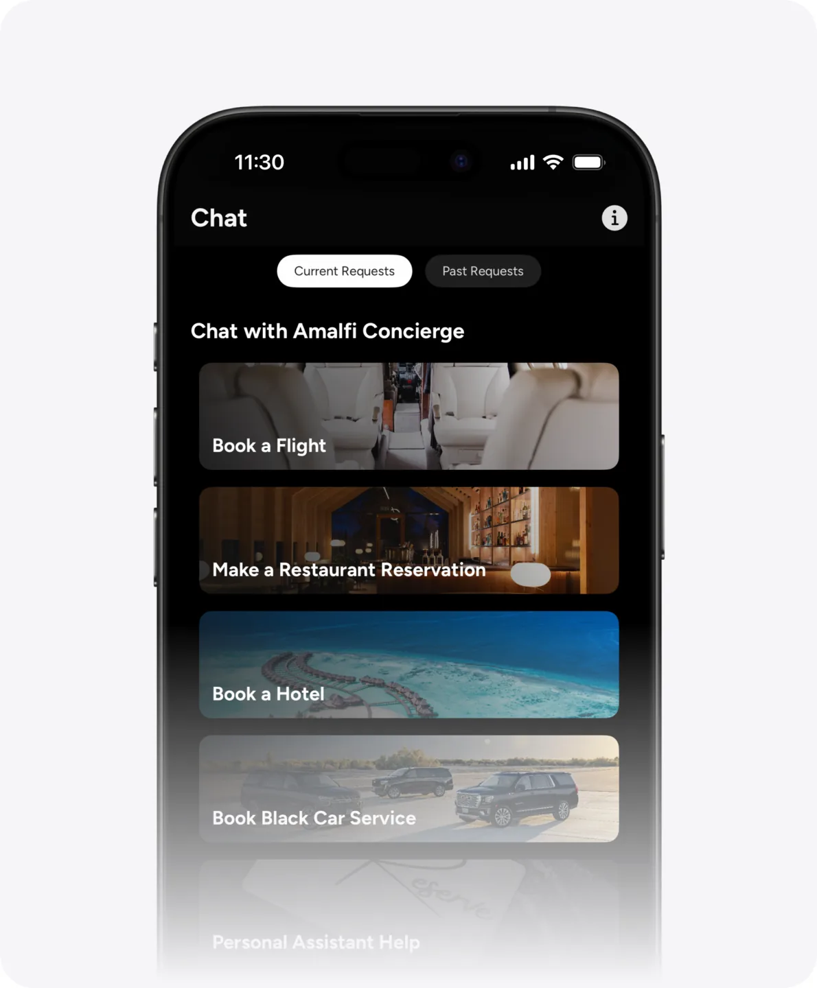 The Amalfi Jets app concierge chat on an iPhone, offering to book a flight, a restaurant, a hotel or a black car service.