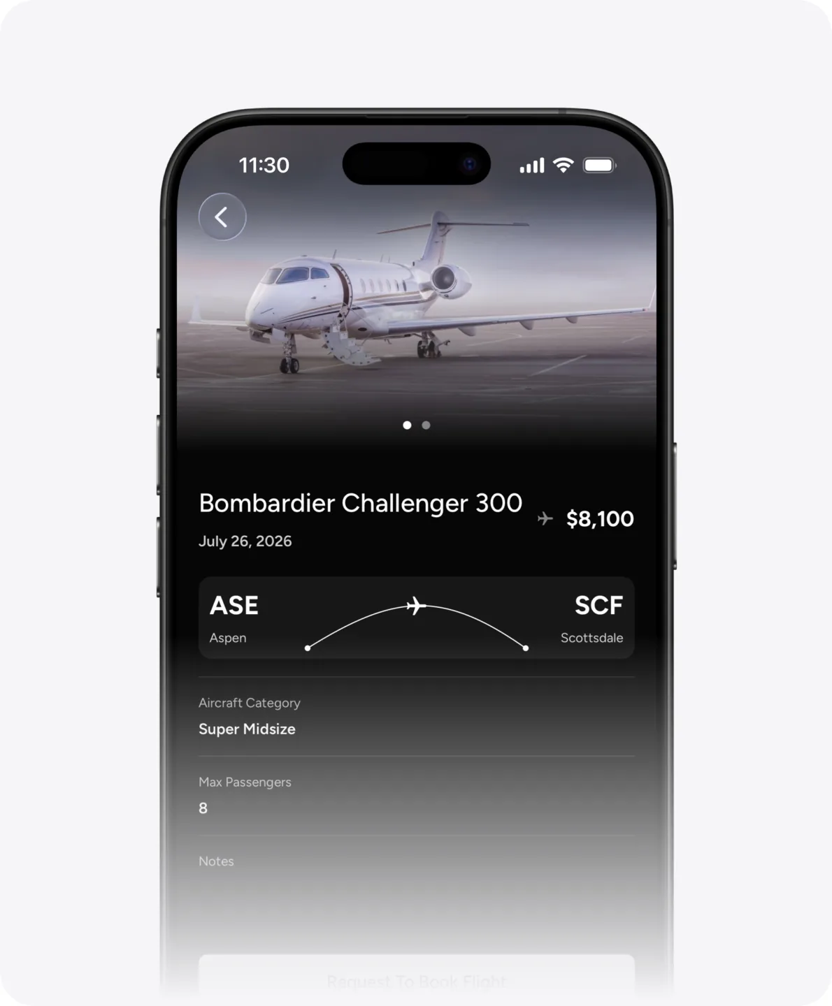 An empty leg listing in the Amalfi Jets app: a Bombardier Challenger 300 from Aspen to Scottsdale, priced at $8,100.