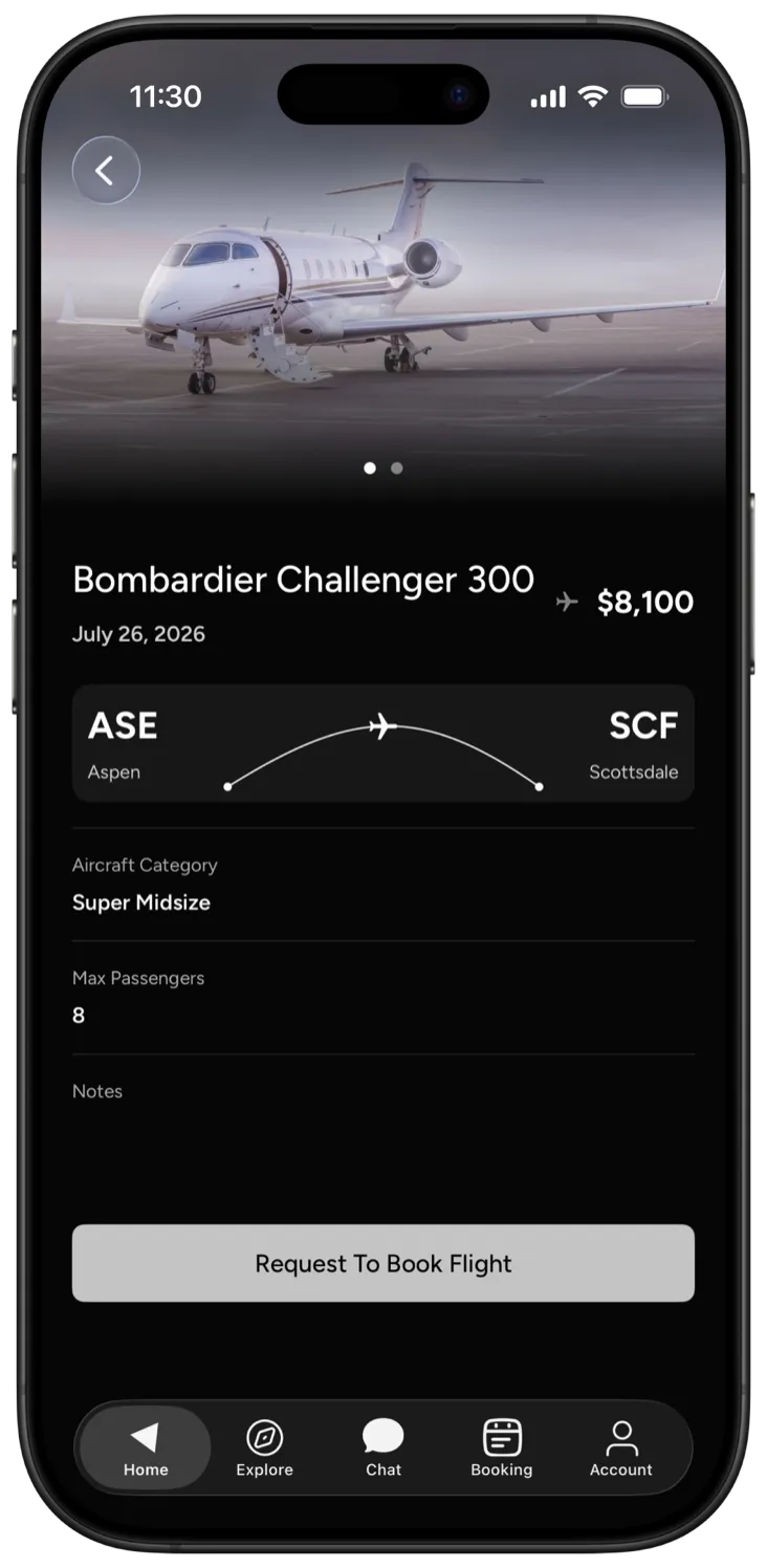 The Amalfi Jets app showing a Bombardier Challenger 300 empty-leg flight from Aspen to Scottsdale priced at $8,100.