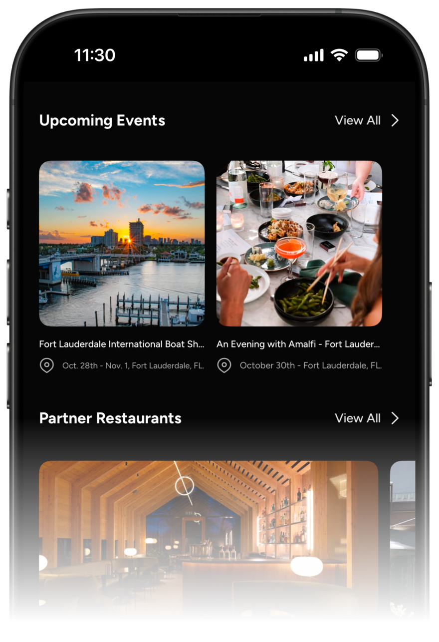 The Amalfi Jets app showing Upcoming Events and Partner Restaurants for Reserve members.