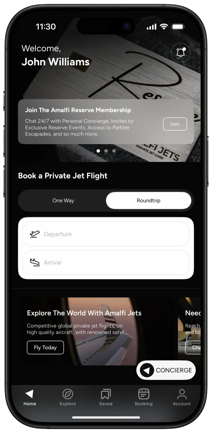 The Amalfi Jets app home screen with a personal welcome, the Amalfi Reserve Membership banner and a book-a-flight form.