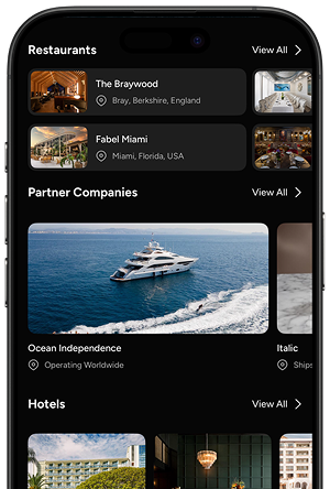 iPhone displaying the Amalfi Jets app with curated restaurants, partner companies, and hotels from the Amalfi Reserve Membership.