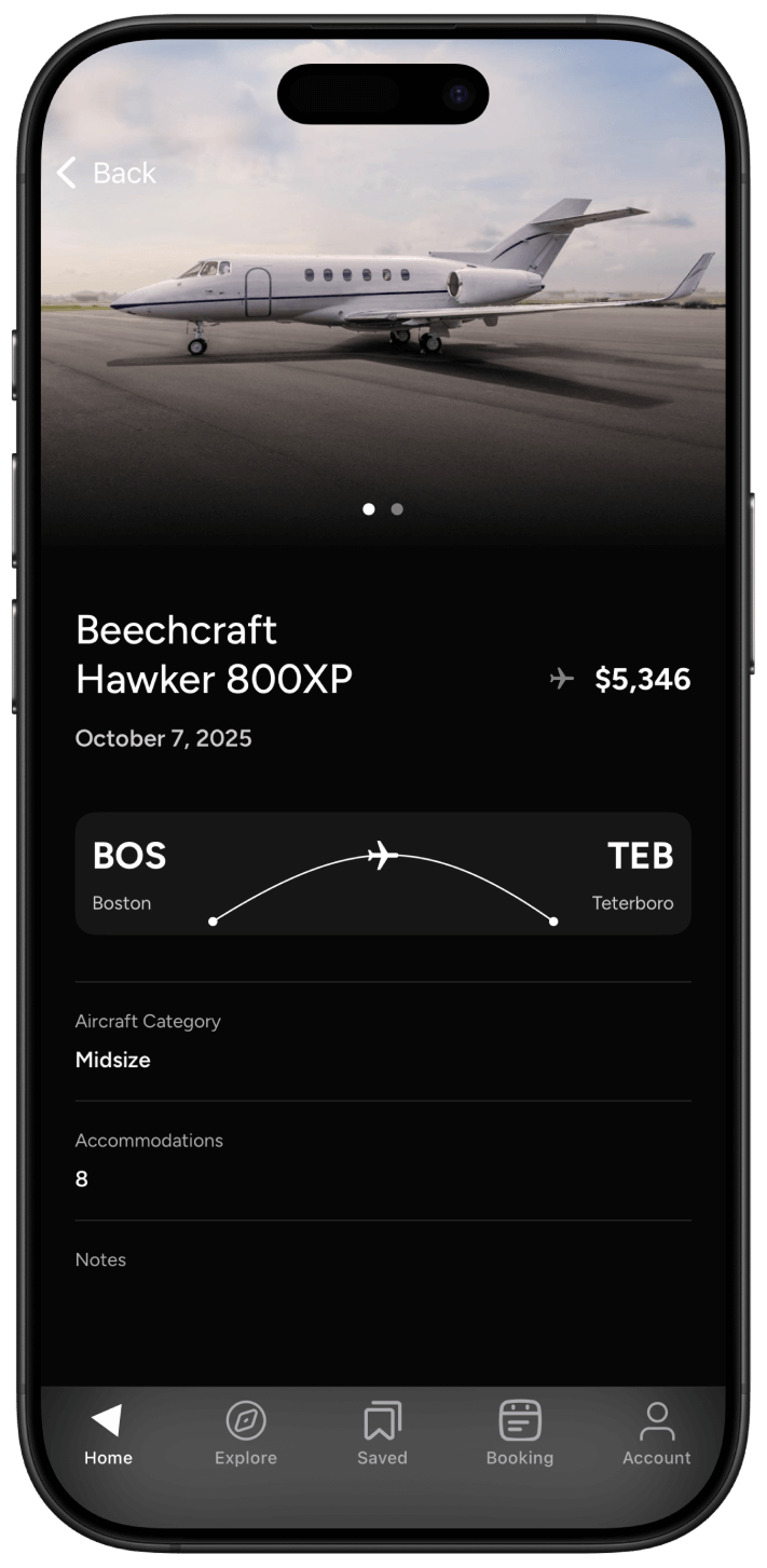 iPhone displaying the Amalfi Jets app with an Empty Leg Beechcraft Hawker 800XP flight listed from Boston to Teterboro.