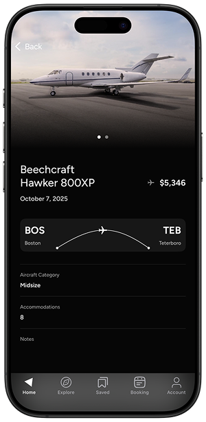 iPhone displaying the Amalfi Jets app with an Empty Leg Beechcraft Hawker 800XP flight listed from Boston to Teterboro.