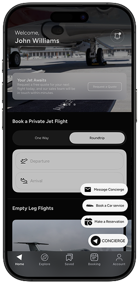 iPhone screenshot of Amalfi Jets app with concierge button options to chat concierge, book a car service, and make a reservation.