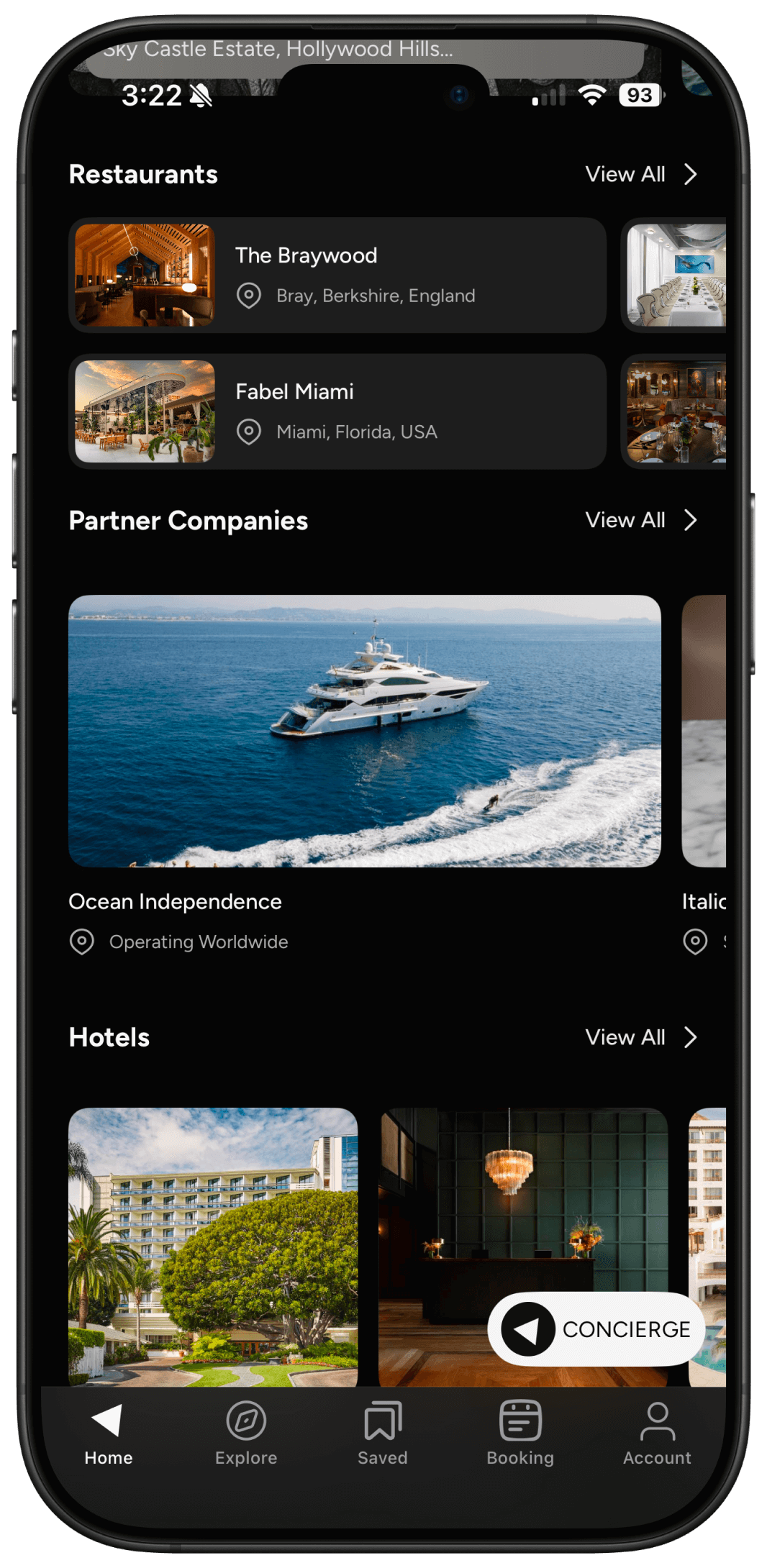 iPhone screenshot of the Amalfi Jets App homepage highlighting Amalfi Reserve partner companies and hotels.