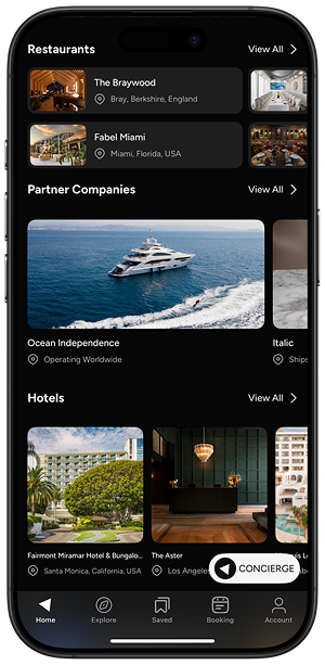 iPhone displaying Amalfi Jets app with partner restaurants, hotels, and luxury experiences including Ocean Independence yacht.