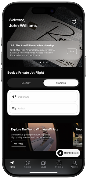 iPhone displaying the Amalfi Jets private jet booking app home screen with the Amalfi Reserve Membership banner.