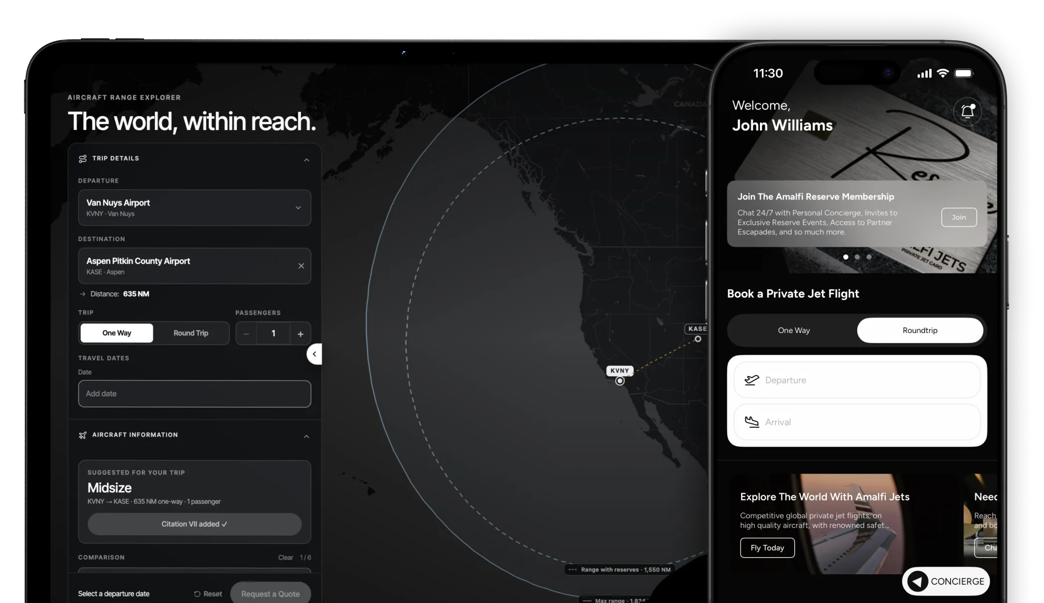 An iPad running the Amalfi Jets Aircraft Range Explorer beside an iPhone showing the Amalfi Jets app home screen and flight request form.