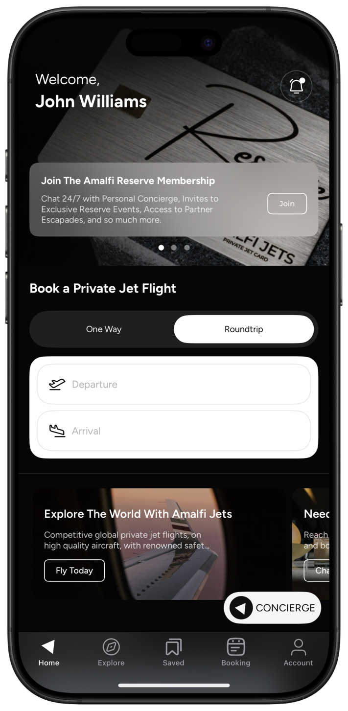 iPhone showing the Amalfi Jets app home screen with a banner to join the Amalfi Reserve Membership and flight booking form.