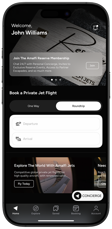 iPhone showing the Amalfi Jets app home screen with a banner to join the Amalfi Reserve Membership and flight booking form.