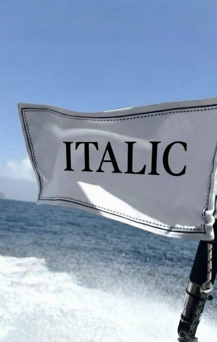 A white flag printed with the Italic wordmark against an open sky.