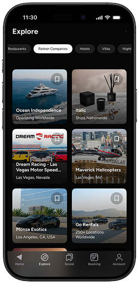 Amalfi Jets App Explore Page featuring partners like Dream Racing, Ocean Independence, Go Rentals &amp; others.
