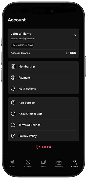 iPhone showing Amalfi Jets App account page with Amalfi One Jet Card Balance and app settings.