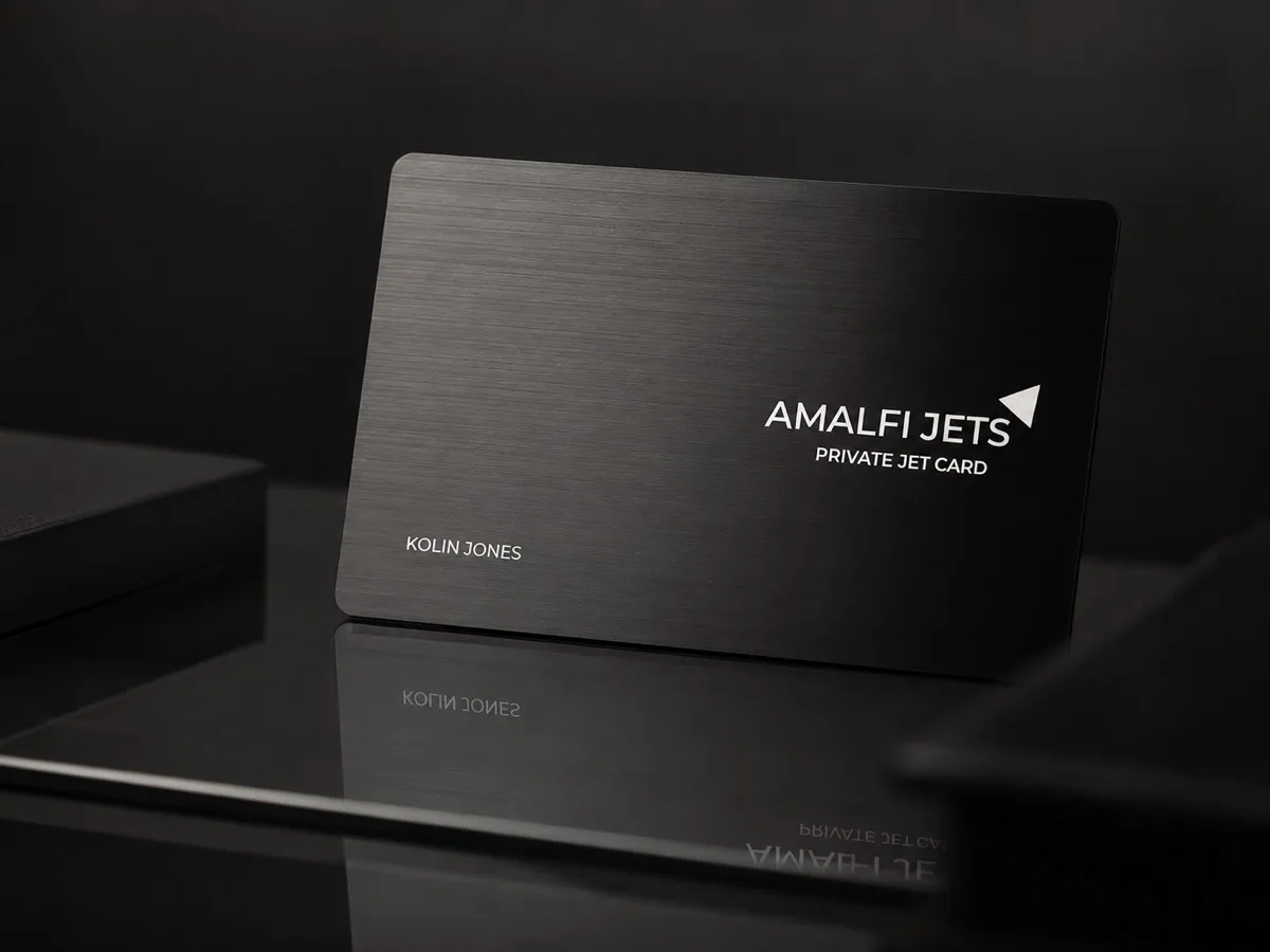 The black Amalfi Jets private jet card resting on a dark reflective surface.