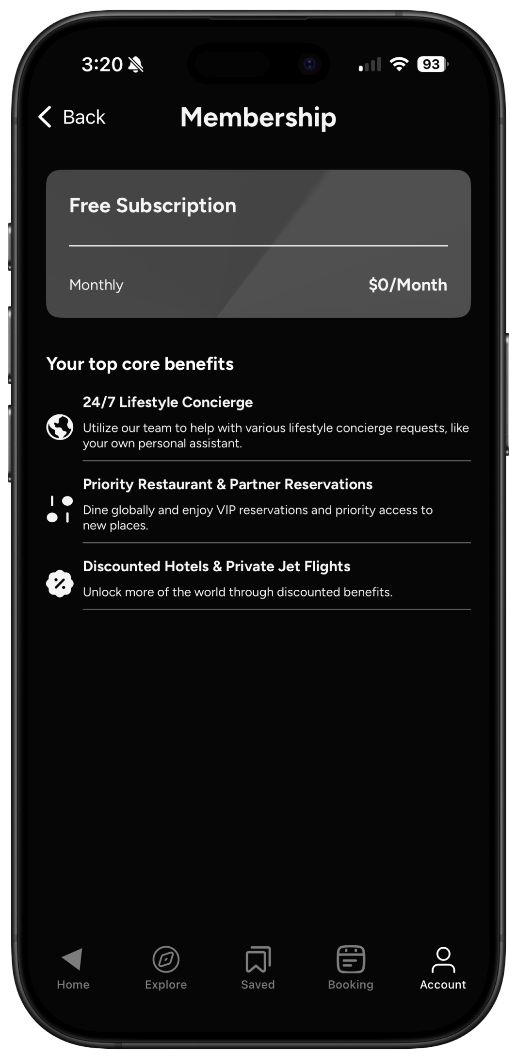 iPhone displaying Amalfi Jets App membership page with core benefits of the monthly Amalfi Reserve Subscription.
