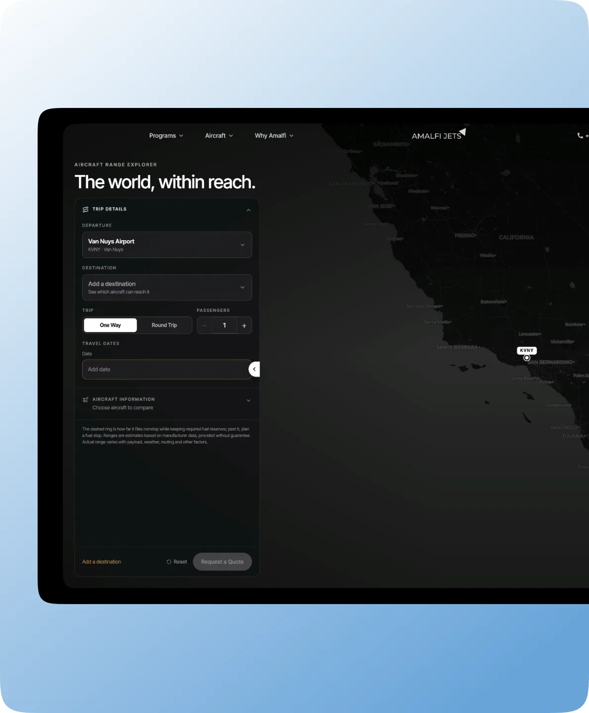 The Aircraft Range Explorer open in a browser, with the trip-details panel over a dark map of the California coast.
