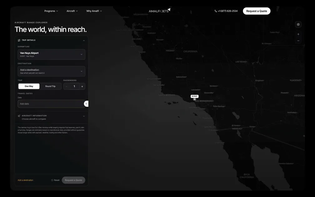 The Amalfi Jets Aircraft Range Explorer with a departure airport picked and range rings drawn over a dark map.