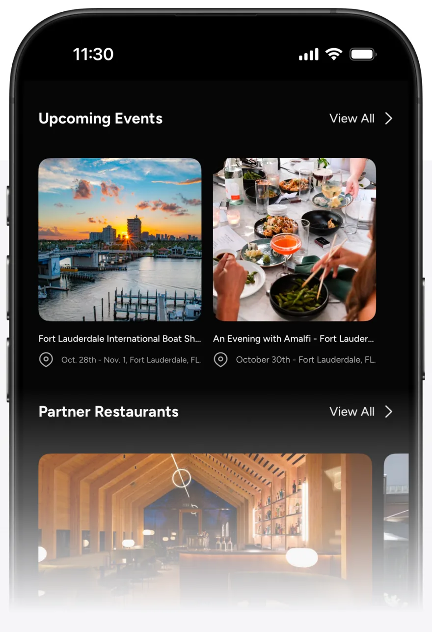 The Amalfi Jets app Reserve screen on an iPhone, listing upcoming member events and partner restaurants.