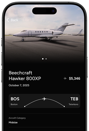 iPhone displaying the Amalfi Jets app with a Beechcraft Hawker 800XP empty leg flight listing, highlighting smart private travel options.