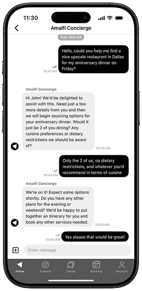 iPhone with Amalfi Jets App Concierge Chat requesting for restaurant recommendations in Dallas Texas.