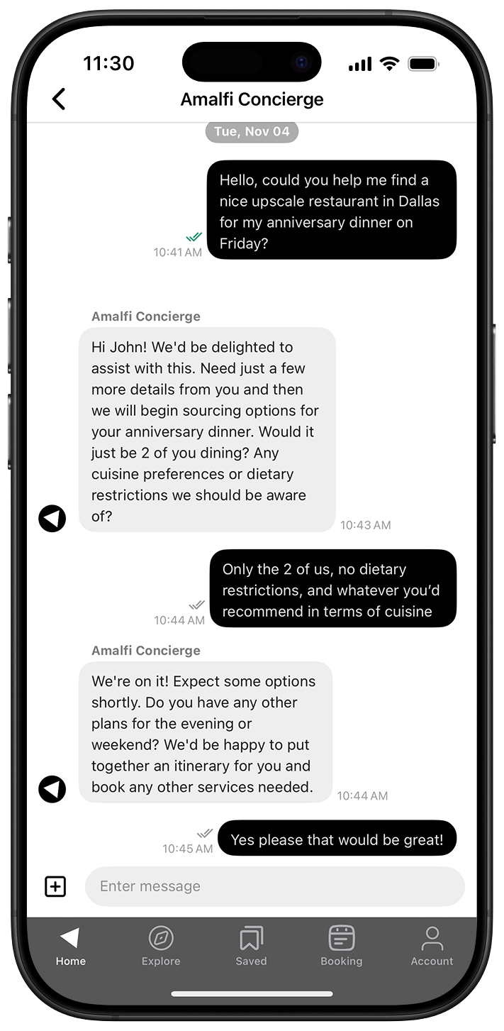 iPhone with Amalfi Jets App Concierge Chat requesting for restaurant recommendations in Dallas Texas.