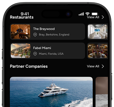 iPhone displaying the Amalfi Jets App with partner restaurants Fabel Miami and The Braywood and partner companies.